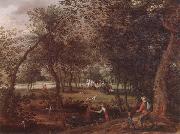 David Vinckboons A wooded river landscape with saint john the baptist preaching inthe distance oil painting artist